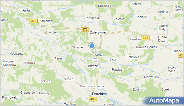 mapa Czarny Las, Czarny Las gmina Drużbice na mapie Targeo